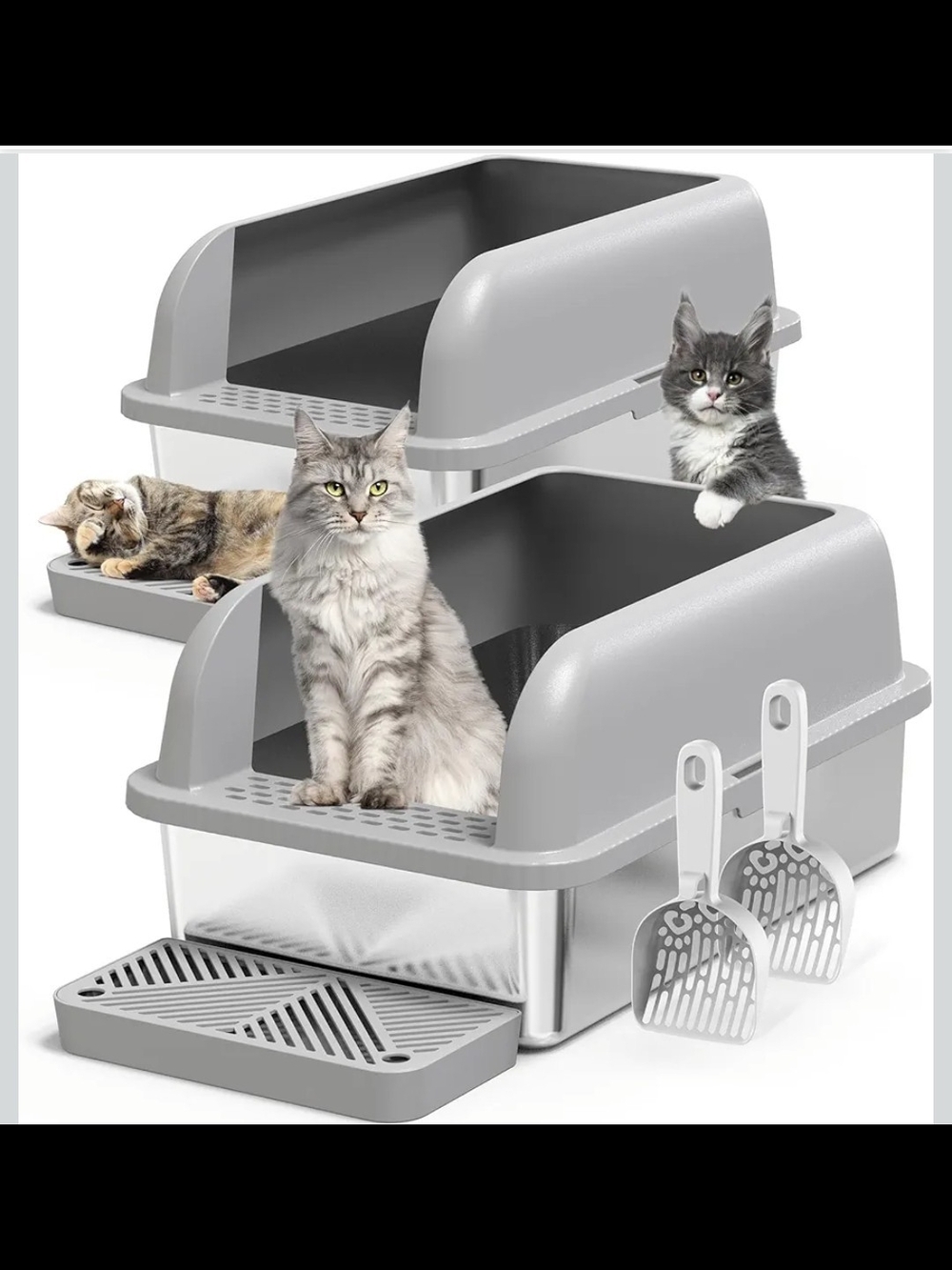 2 Pack XL Stainless Steel Cat Litter Box High Wall Enclosed Pan With Lid